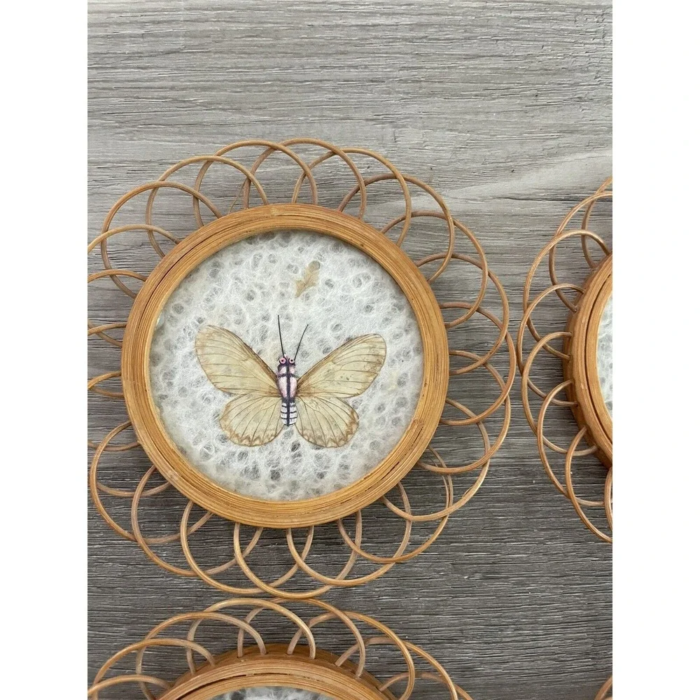 Vintage Pressed Butterfly Coasters Wicker Bamboo Boho Set Of 4‎